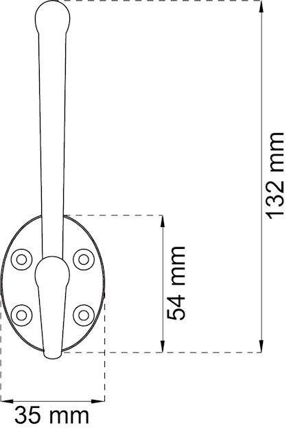 Illustration av en krok med måtten 132 mm höjd, 35 mm bredd, och 54 mm kroklängd.