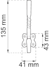 Ritning av ett handtag med mått: 135 mm hög, 41 mm bred vid bas och 43 mm bred vid fäste.