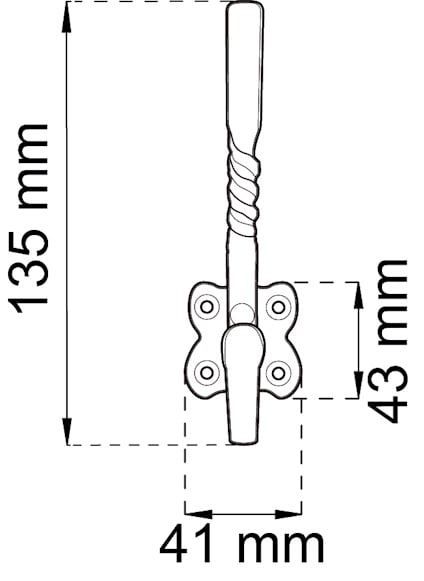 Ritning av ett handtag med mått: 135 mm hög, 41 mm bred vid bas och 43 mm bred vid fäste.