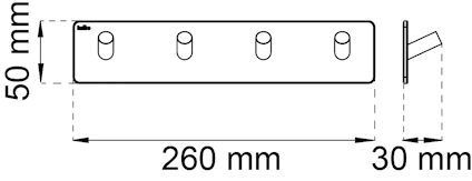 Diagram av en rektangulär platta, fyra vertikala stift, och en sidovy med dimensionerna 260 mm x 50 mm x 30 mm.