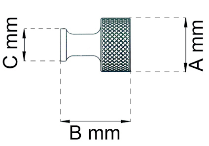 Konstruktion av metallknopp med måtten A mm, B mm, C mm angivna.