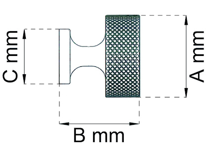 Ritning av en metalldel med tre mått; A, B, C mm, och ett knurled greppmönster på höger sida.