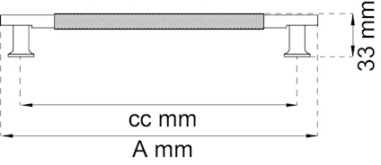 Ritning av ett handtag med angivna mått: längd A mm och cc mm, höjd 33 mm.
