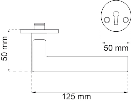 Ritning av dörrhandtag med måtten 125 mm och 50 mm, samt en cirkulär platta med två hål och nyckelhål.