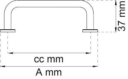 Diagram över ett handtag med mått; höjd 37 mm, bredd A mm, mitt-till-mitt cc mm.