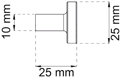 Ritteckning av ett föremål med måtten 10 mm höjd, 25 mm bredd och 25 mm djup.