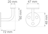 Ritning av en väggfäste med måtten: 72 mm bredd, 60 mm höjd, 47 mm toppbredd, 48 mm bakhöjd, 20 mm diameter.