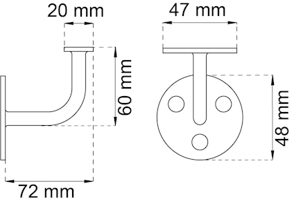 Ritning av en väggfäste med måtten: 72 mm bredd, 60 mm höjd, 47 mm toppbredd, 48 mm bakhöjd, 20 mm diameter.