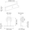 Teknisk ritning av beslag och hjul med mått: 2000x40 mm för beslag samt 120x96 mm, hjul 40 mm i diameter.