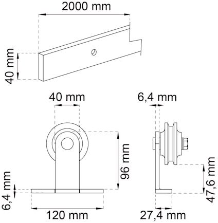 Teknisk ritning av beslag och hjul med mått: 2000x40 mm för beslag samt 120x96 mm, hjul 40 mm i diameter.