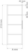 Ritning av hyllplan med mått: höjd 2133 mm, djup 42 mm, mellanrum 30 mm. Fyra hyllnivåer.