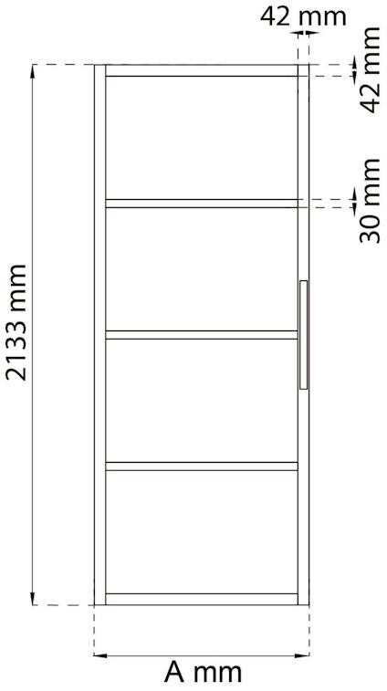 Ritning av hyllplan med mått: höjd 2133 mm, djup 42 mm, mellanrum 30 mm. Fyra hyllnivåer.