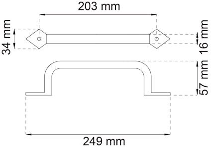 Ritning av handtag med måtten 249 mm bredd, 57 mm höjd och 203 mm mellan skruvhål.
