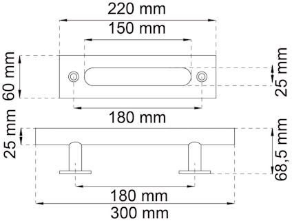 Teknisk ritning av handtag med mått: 300 mm bred, 68.5 mm hög. Monteringsavstånd 150 mm. Total längd 220 mm, djup 25 mm.
