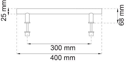 Ritning av beslag med måtten: längd 400 mm, bredd 25 mm, höjd 68 mm, och avstånd mellan skruvar 300 mm.