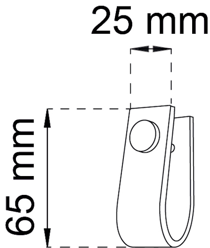 Ritning av metallklämma med dimensionerna 65 mm höjd och 25 mm bredd, visar en skruvdetalj.