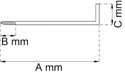 Ritning av metallvinkel med mått A mm, B mm och C mm markerade.
