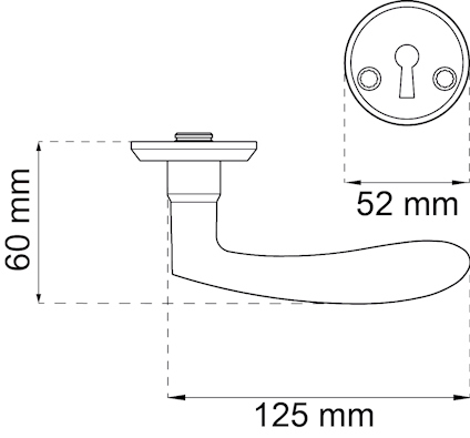 Ritning av ett dörrhandtag med måtten 125 mm i bredd och 60 mm i höjd, samt nyckelskyltens diameter 52 mm.