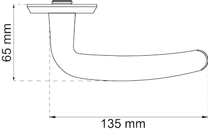 Ritning av dörrhandtag med mått 65 mm höjd och 135 mm längd.
