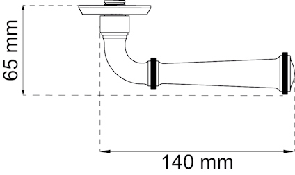 Ritning av ett väggfäste för skena, 65 mm högt och 140 mm långt.