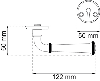 Ritning av dörrhandtag och nyckelhål med måtten 60 mm i höjd och 122 mm i längd. Nyckelhål 50 mm i diameter.