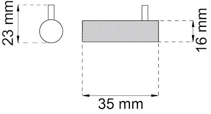 Diagram med dimensioner: 23 mm, 16 mm höjd och 35 mm bredd av en cylindrisk form.