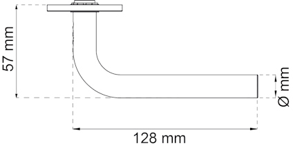 Ritning av L-format rör med måtten 128 mm längd och 57 mm höjd, utan angiven diameter.