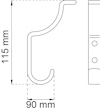 Ritning av en krok med måtten 115 mm i höjd och 90 mm i djup, sedd från sidan och framifrån.