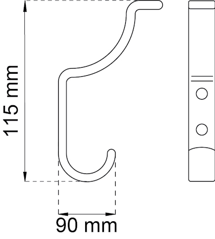 Ritning av en krok med måtten 115 mm i höjd och 90 mm i djup, sedd från sidan och framifrån.