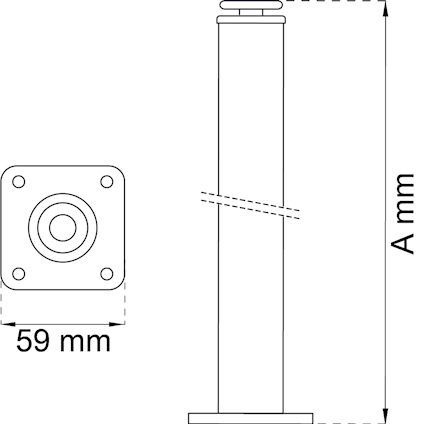 Diagram av en justerbar möbelben med dimensionen 59 mm.