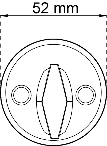 Diagram av ett runt vred med två skruvhål och en måttangivelse på 52 mm i diameter.