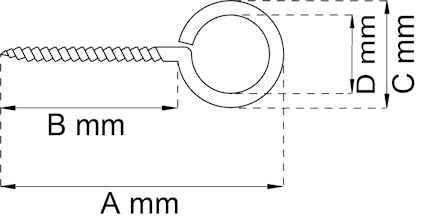 Ritning av skruvögla med markeringar för måtten A, B, C, D i millimeter.