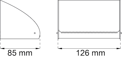 Diagram över en hyllkonsol med måtten 85 mm höjd och 126 mm bredd, inklusive sågkant.