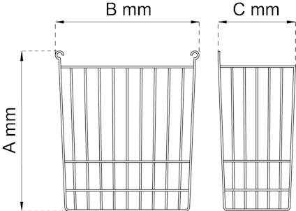Ritning av en rektangulär trådkorg med måttangivelser A, B och C i millimeter.