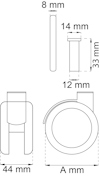 Teknisk ritning av en cylinder med måtten 44 mm x 33 mm, diameter 12 mm, tjocklek 8 mm, höjd 14 mm.