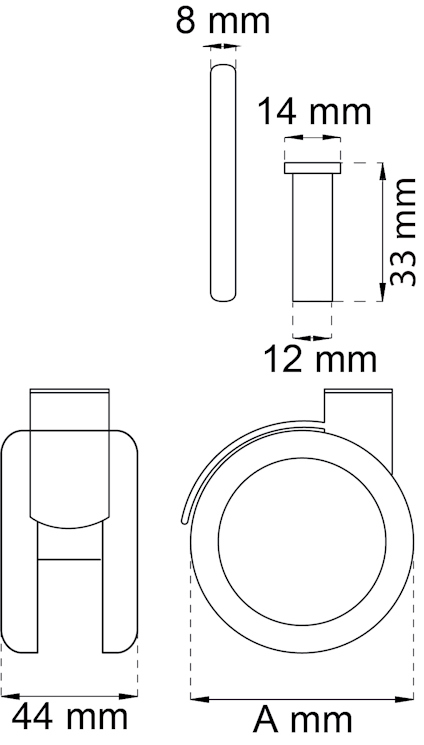Teknisk ritning av en cylinder med måtten 44 mm x 33 mm, diameter 12 mm, tjocklek 8 mm, höjd 14 mm.