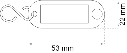 Rektangulär etikett med en krok till vänster, mått 53 mm x 22 mm.