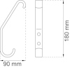 Ritning av krok med böjd design. Mått: 90 mm bredd, 180 mm höjd.