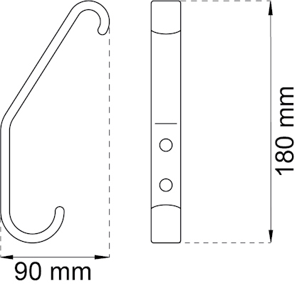 Ritning av krok med böjd design. Mått: 90 mm bredd, 180 mm höjd.