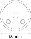 Ritning av en cirkulär objekt med 50 mm diameter, två mindre cirklar och ett udda format i mitten.