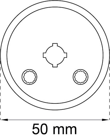 Ritning av en cirkulär objekt med 50 mm diameter, två mindre cirklar och ett udda format i mitten.