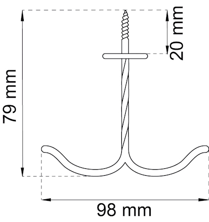 Krok med dimensioner: höjd 79 mm, bredd 98 mm, plattan 20 mm, skruv ovanför plattan.