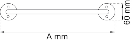 Ritning av en stång med två runda fästen, märkta 60 mm, total längd markerad som A mm.