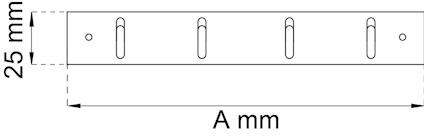 Diagram av en rektangulär skena med hål. Bredd: 25 mm, längd markerad som "A mm". Fyra avlånga hål och två runda hål.