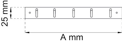Ritning av en rektangulär metallprofil med hål; mått 25 mm x A mm anges.