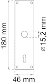 Rektangulär dörrskylt med måtten 180 x 46 mm och håldiameter 15,2 mm.