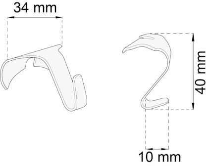 Ritning av en krok med måtten 34 mm bred och 40 mm hög, med en öppning på 10 mm.