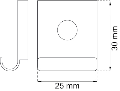 Ritning av en krokprofil med mått 30 mm x 25 mm och en cirkulär urfasning i mitten.
