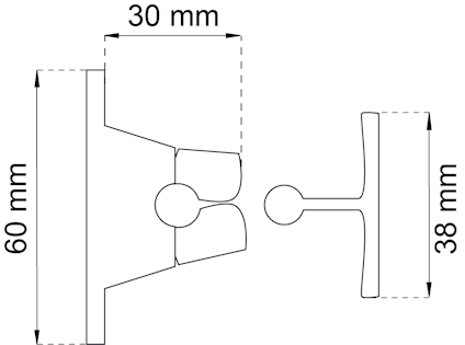 Teknisk ritning av en krok med måtten 60x30 mm och ett utsprång på 38 mm.