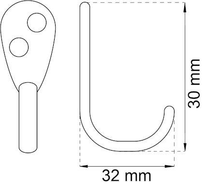 Ritning av krok med två hål för montering, mått 30 mm i höjd och 32 mm i bredd.